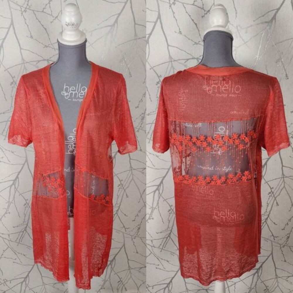 Red Coral Orange 100% Linen Floral Mesh Panel Open Cardigan